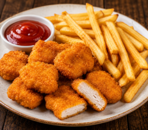 1.Nuggetsy z kurczaka (3 szt.), frytki, sos czosnkowy lun ketchup.