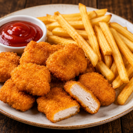 Nuggetsy-z-kurczaka-frytki-ketchup