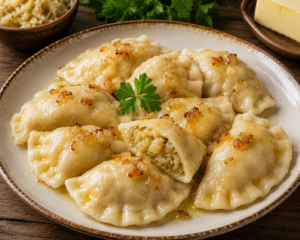 2.Pierogi z kapustą z omastą(masło, cebulka lub boczek)- 13 szt