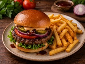 1.Burger wołowy Classic,  frytki.