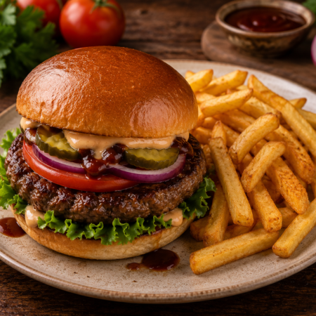1.Burger wołowy Classic,  frytki.