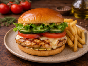 3. Burger z grilowaną piersią z kurczaka, frytki.