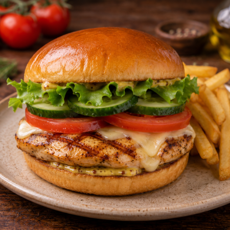 3. Burger z grilowaną piersią z kurczaka, frytki.